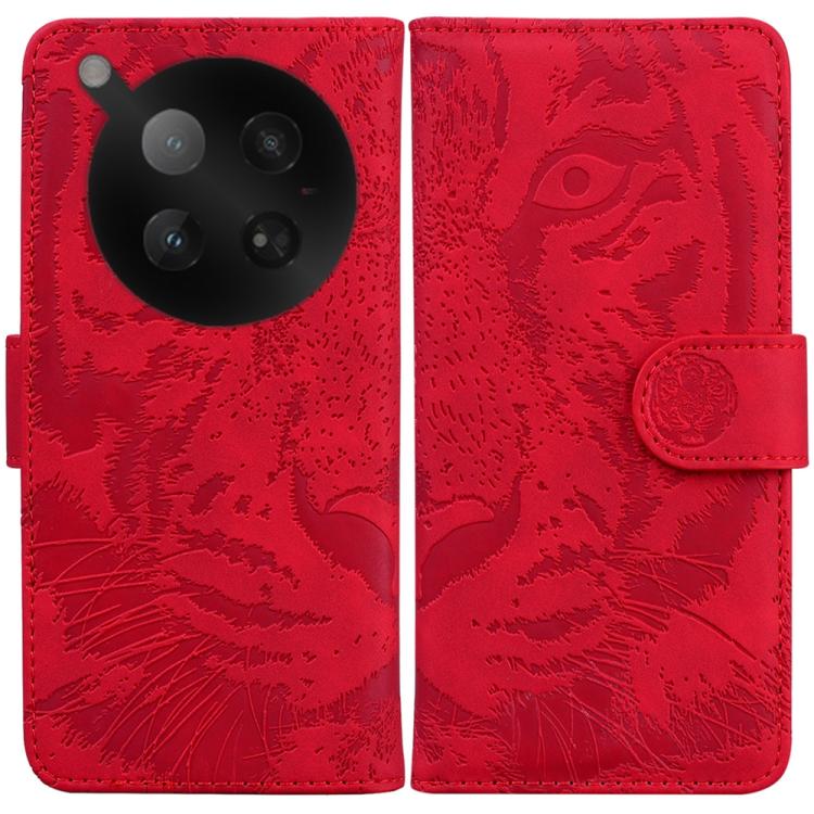 Red tiger-embossing flip leather phone case with side strap and round camera cutout