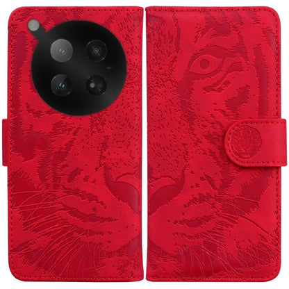 Red tiger-embossing flip leather phone case with side strap and round camera cutout