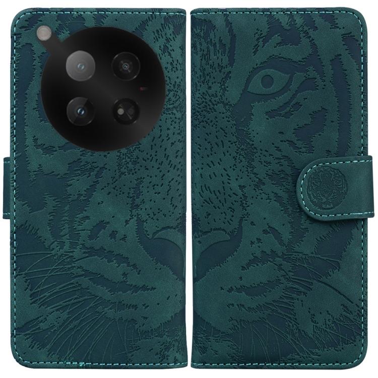 Tiger embossed flip leather phone case, teal with magnetic strap closure.