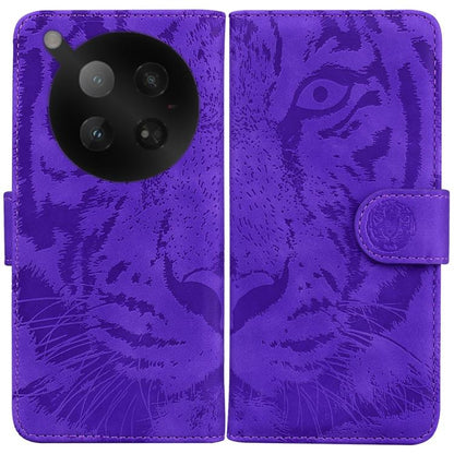 Tiger embossed flip leather phone case, purple with magnetic strap closure.