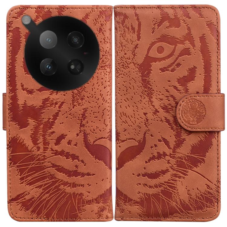 Tiger embossed flip leather phone case, brown with magnetic strap closure.