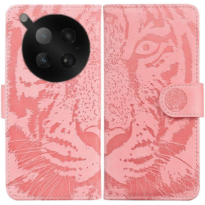 Tiger embossed flip leather phone case, pink with magnetic strap closure.