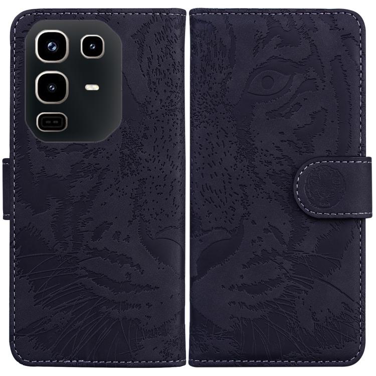 Dark navy tiger-embossed flip leather phone case with card slot and magnetic strap.