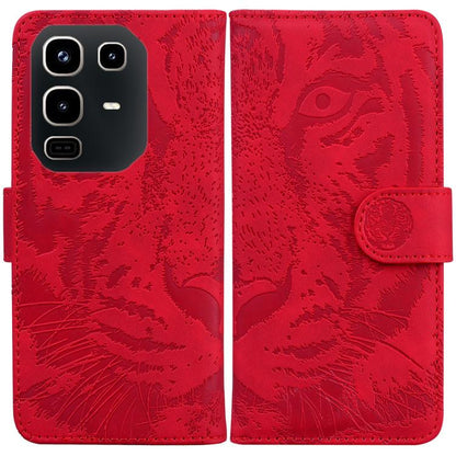 Red tiger-embossed flip leather phone case with card slot and magnetic strap.