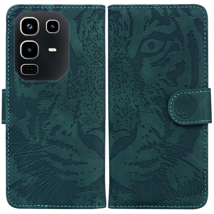 Teal tiger-embossed flip leather phone case with card slot and magnetic strap.