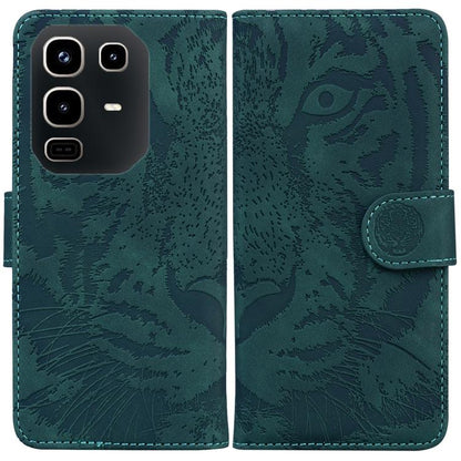 Teal tiger-embossed flip leather phone case with card slot and magnetic strap.