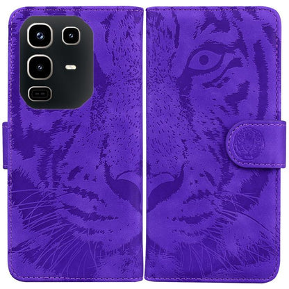 Purple tiger-embossed flip leather phone case with card slot and magnetic strap.