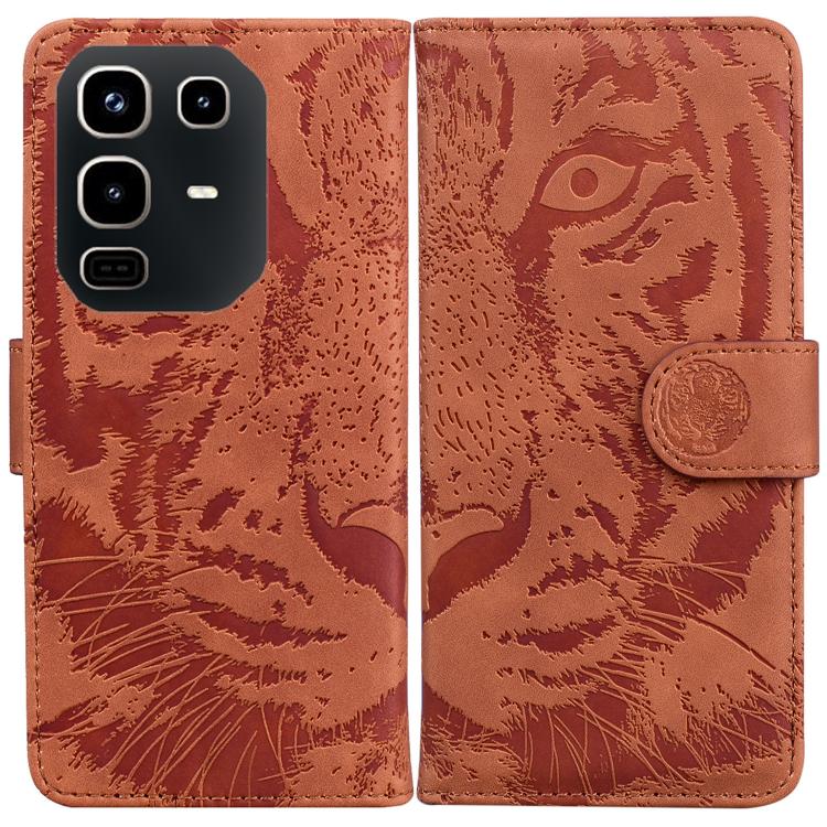 Brown tiger-embossed flip leather phone case showing back panel and magnetic closure.