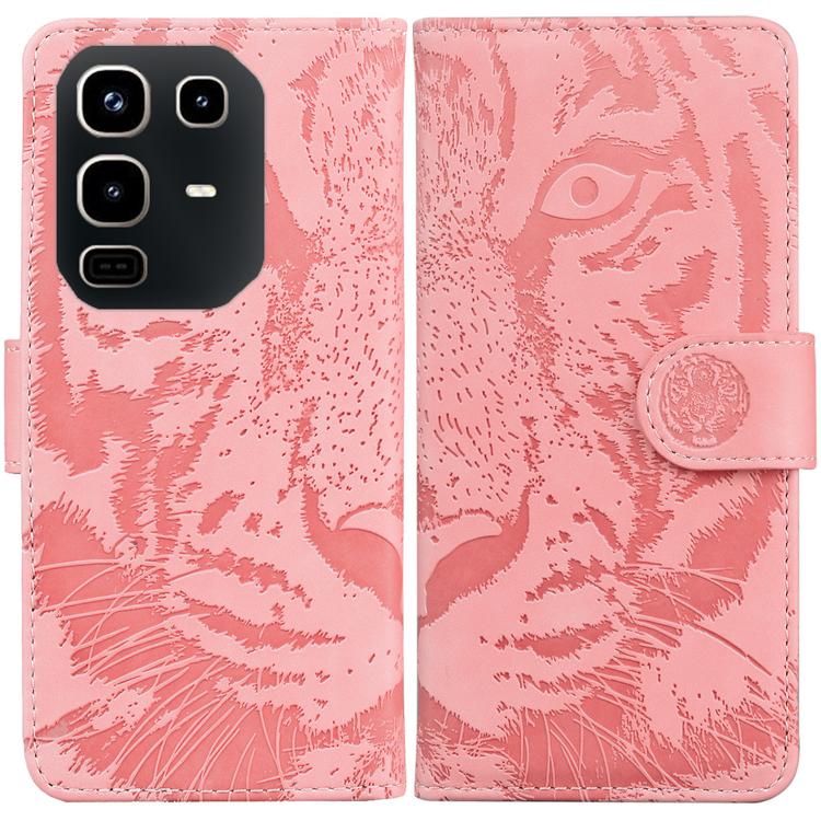 Pink tiger-embossed flip leather phone case showing back panel and magnetic closure.