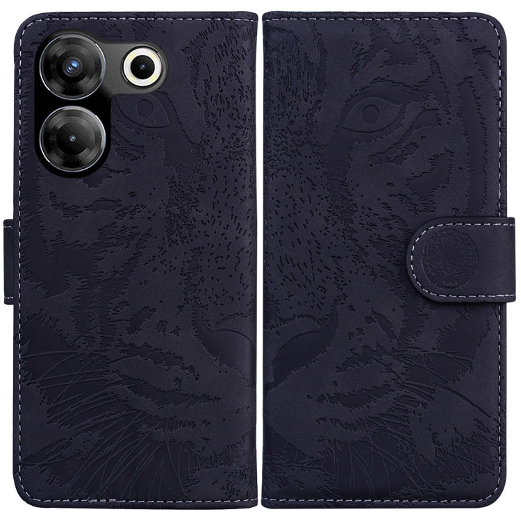 Tiger embossed flip leather phone case in dark navy, with camera cutouts and side strap