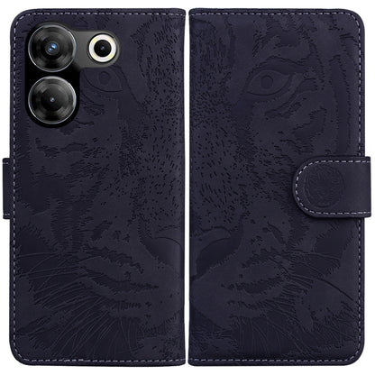 Tiger embossed flip leather phone case in dark navy, with camera cutouts and side strap