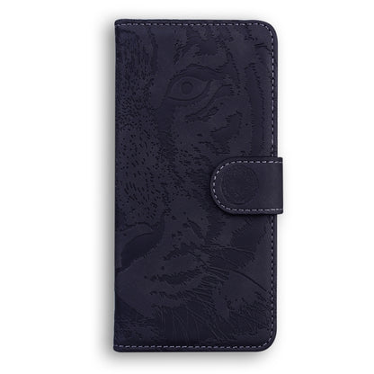 Tiger embossed flip leather phone case in dark navy, front cover with snap strap