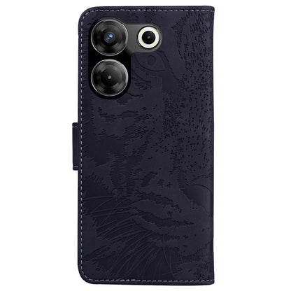 Tiger embossed flip leather phone case in dark navy, back view with camera cutouts