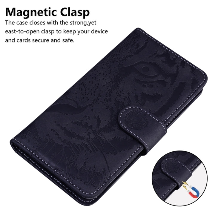 Tiger embossed flip leather phone case in dark navy, magnetic clasp and front flap