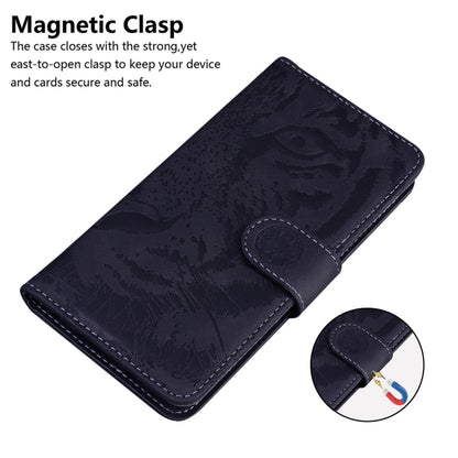 Tiger embossed flip leather phone case in dark navy, magnetic clasp and front flap