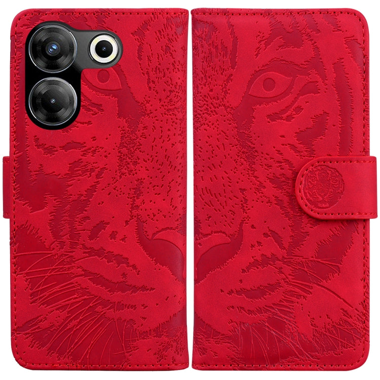 Tiger embossed flip leather phone case in red, with camera cutouts and side strap