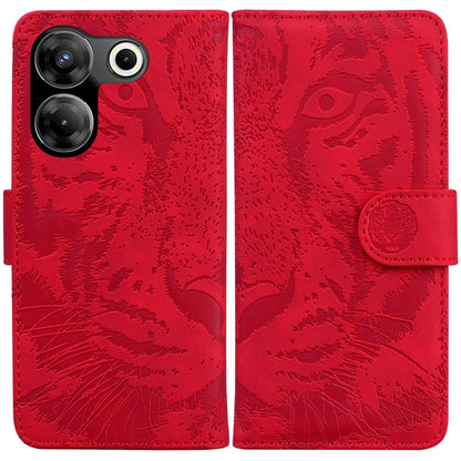 Tiger embossed flip leather phone case in red, with camera cutouts and side strap