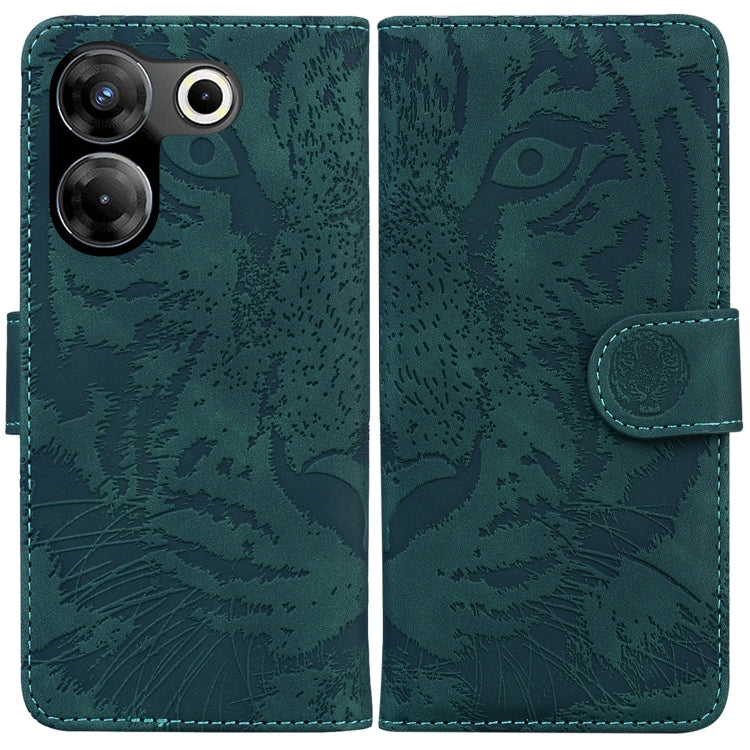 Tiger embossed flip leather phone case in green, with camera cutouts and side strap