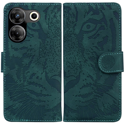 Tiger embossed flip leather phone case in green, with camera cutouts and side strap
