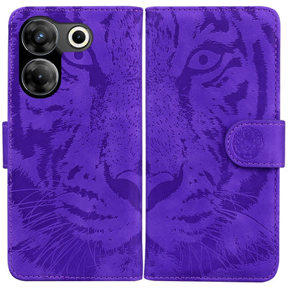 Tiger embossed flip leather phone case in purple, with camera cutouts and side strap