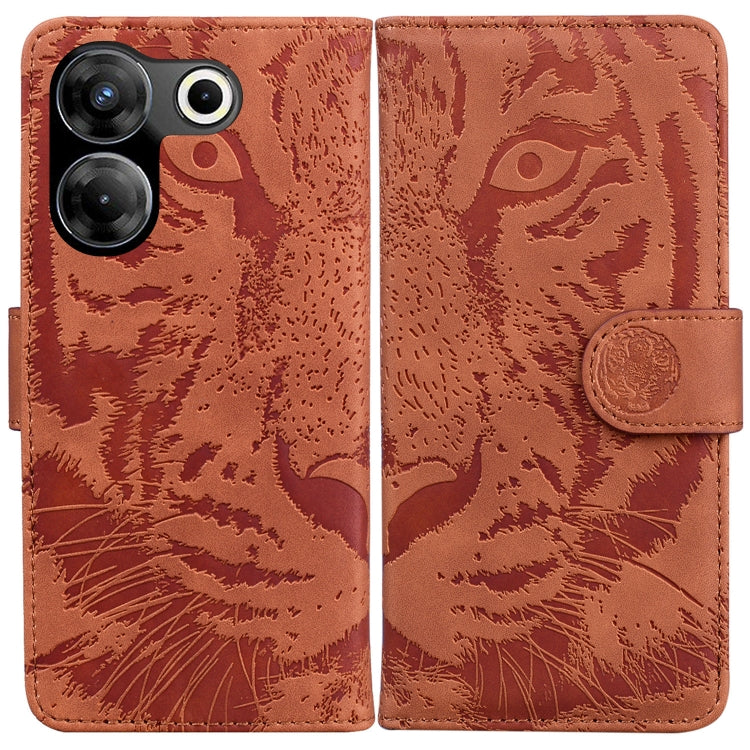 Tiger embossed flip phone case in brown with coin-style snap strap