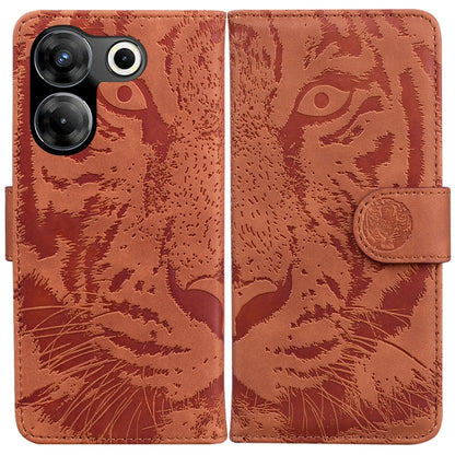 Tiger embossed flip phone case in brown with coin-style snap strap