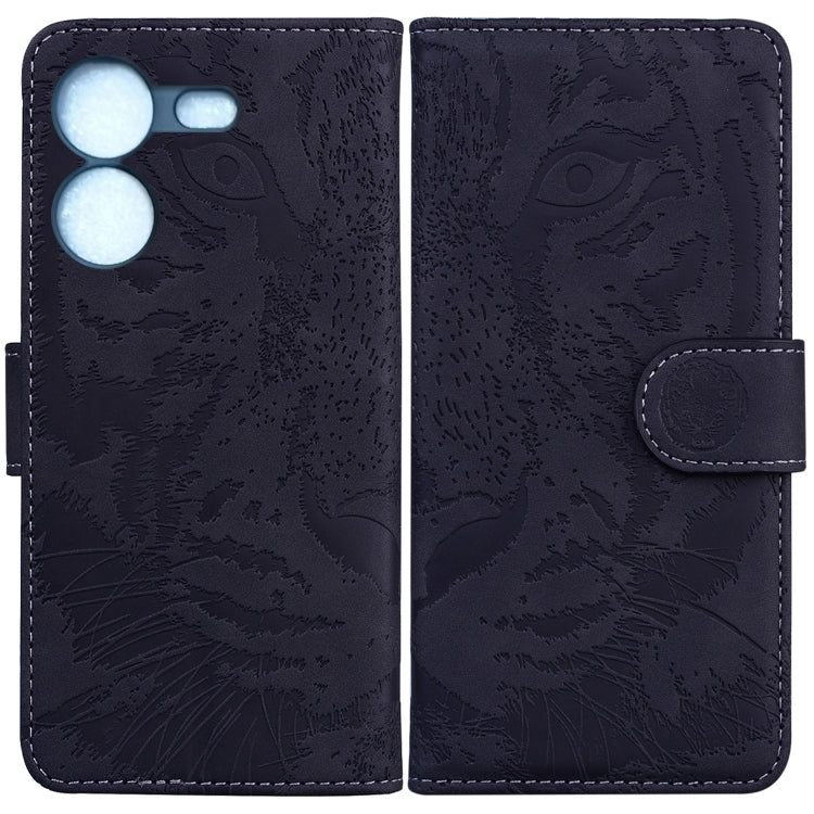 Tiger embossed flip phone case in dark navy/black with coin-style snap strap