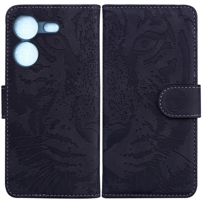 Tiger embossed flip phone case in dark navy/black with coin-style snap strap