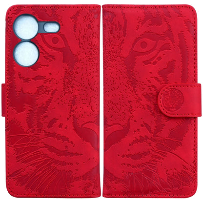 Tiger embossed flip phone case in red with coin-style snap strap