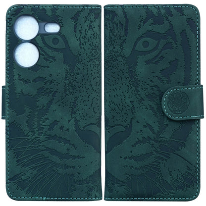 Tiger embossed flip phone case in dark green with coin-style snap strap