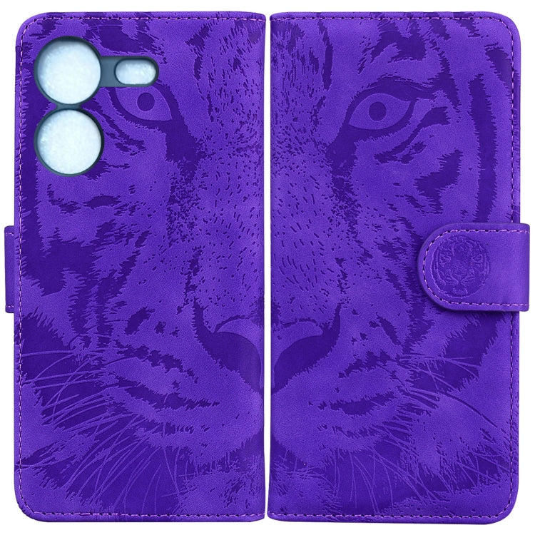 Tiger embossed flip phone case in purple with coin-style snap strap