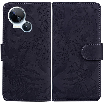Tiger embossed flip phone case in dark navy/black with coin-style snap strap