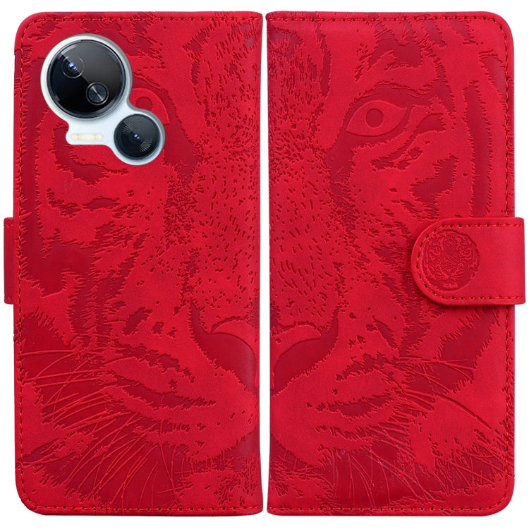 Tiger embossed flip phone case in red with coin-style snap strap
