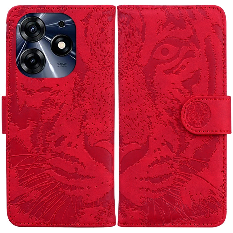 Red tiger-emboss flip phone case with card slot and camera cutout