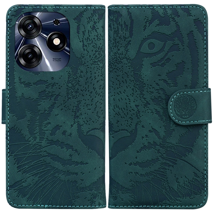 Dark teal tiger-emboss flip phone case with camera cutout and side flap