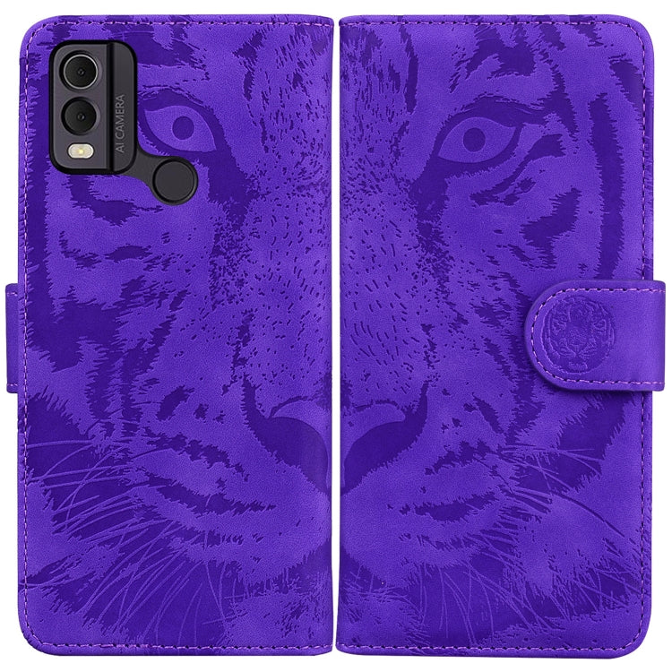 Purple tiger-emboss flip phone case with camera cutout and side flap