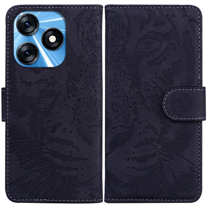 Black tiger-embossed leather phone case with flip cover and side stand strap