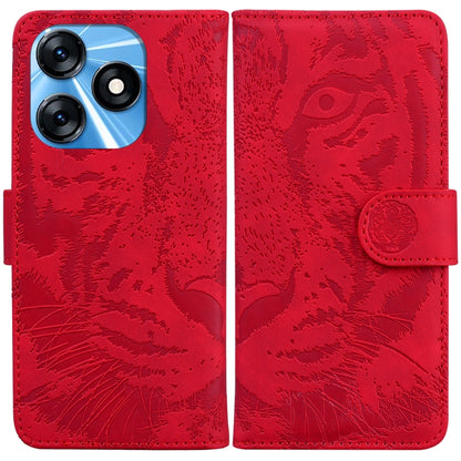Red tiger-embossed leather phone case with flip cover and side stand strap