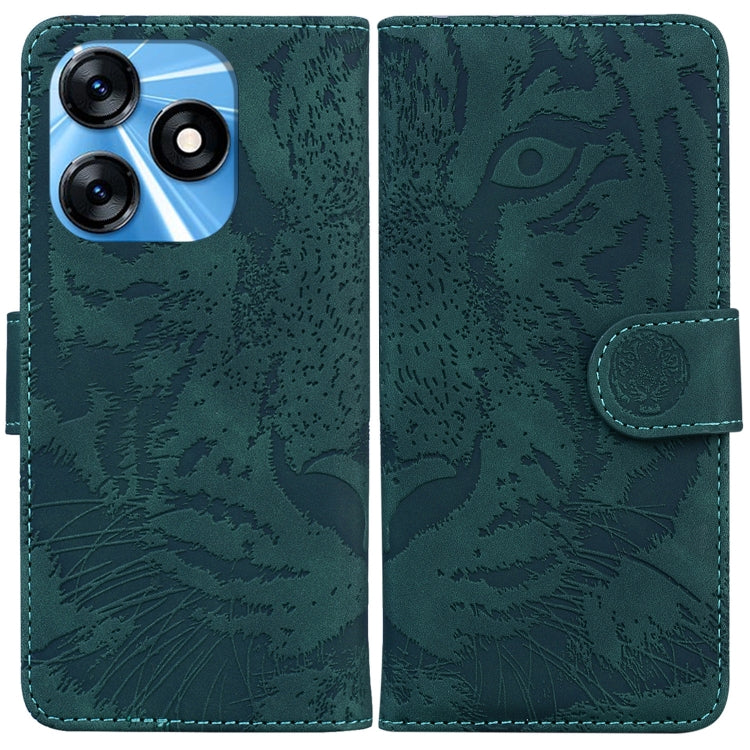 Green tiger-embossed leather phone case with flip cover and side stand strap