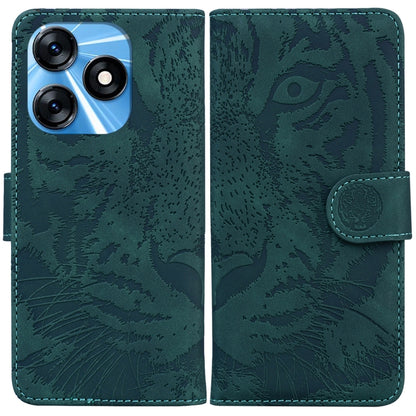 Green tiger-embossed leather phone case with flip cover and side stand strap