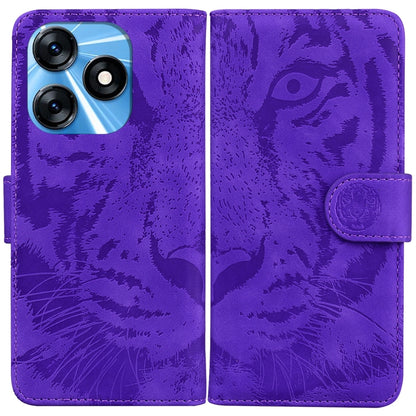 Purple tiger-embossed leather phone case with flip cover and side stand strap