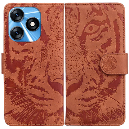 Brown tiger-embossed leather phone case with flip cover and side stand strap