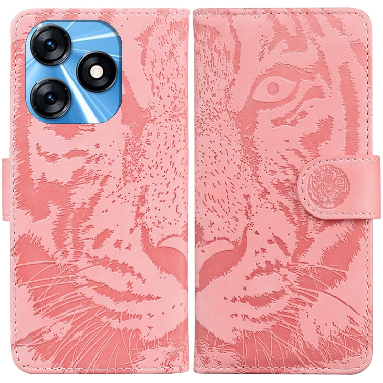 Pink tiger-embossed leather phone case with flip cover and side stand strap