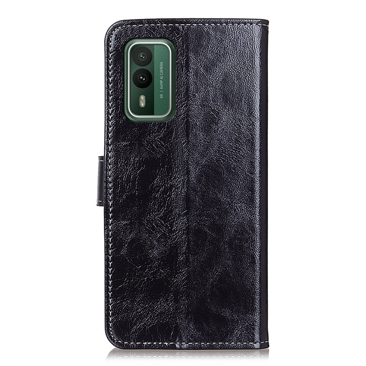 Black textured leather flip phone case with cutout for camera module