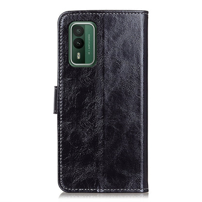 Black textured leather flip phone case with cutout for camera module