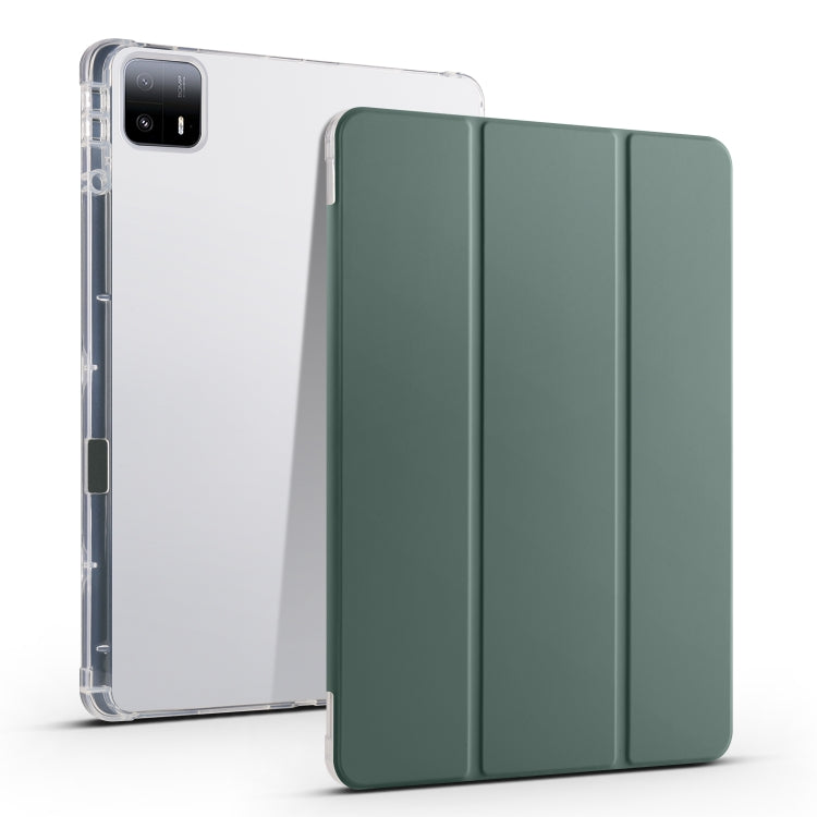 3-fold clear TPU tablet case with pen slot, dark green folio front, transparent back