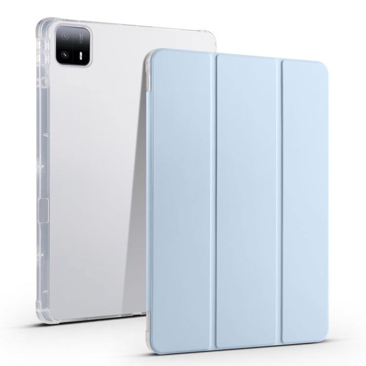 3-fold clear TPU tablet case with pen slot, light blue folio front, transparent back
