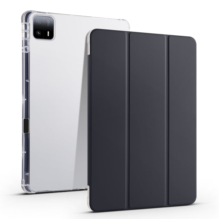 3-fold clear TPU tablet case with pen slot, black folio front, transparent back