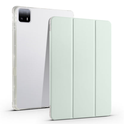 3-fold clear TPU tablet case with pen slot, pale green folio front, transparent back