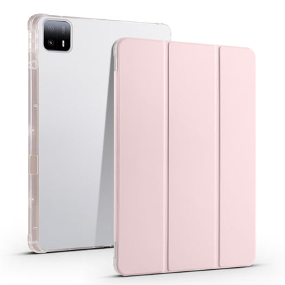 3-fold clear TPU tablet case with pen slot, pink folio front, transparent back